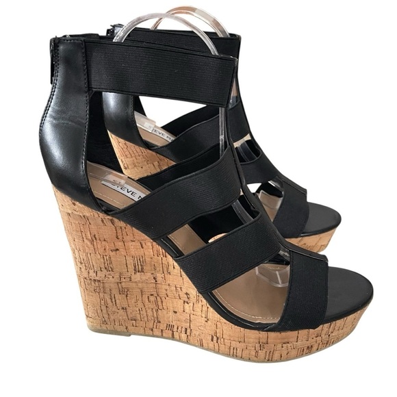 STEVE MADDEN SELINAH WEDGE SANDAL size 10 black and cork zipper back - Picture 2 of 15